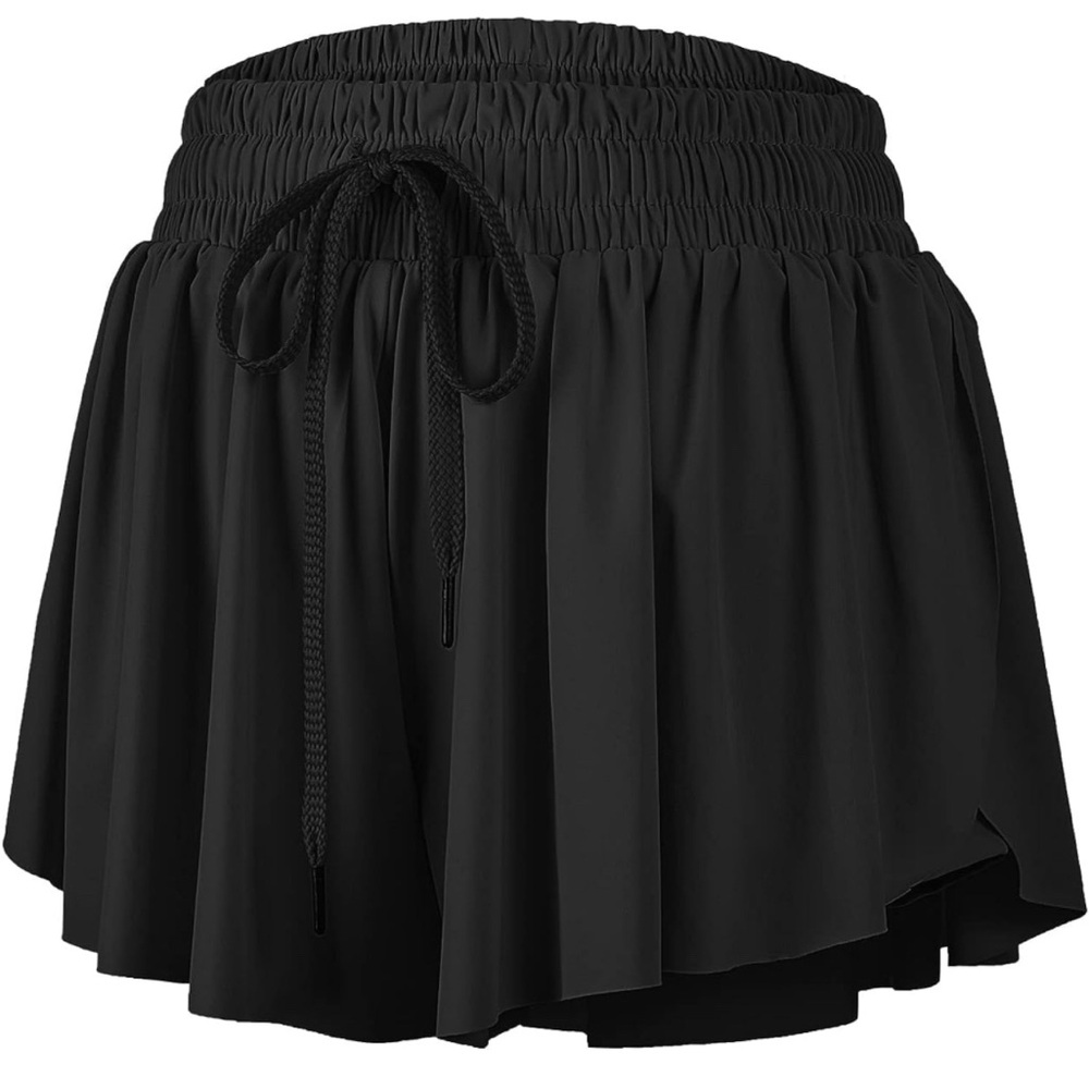 AMAZON BLACK ATHLETIC FLOWY SHORTS WITH SPANDEX AND POCKETS ADJUSTABLE WAISTBAND